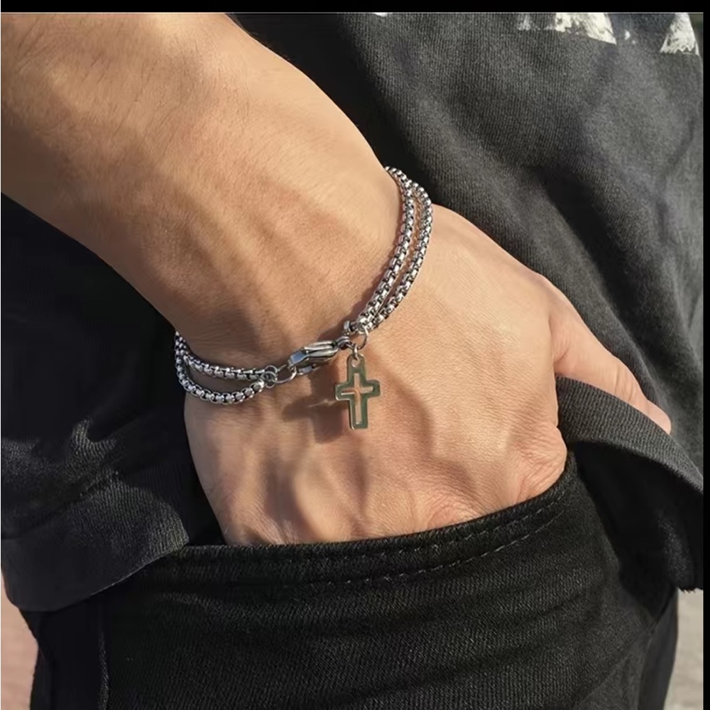 Silver Titanium Steel Double Chain Unisex Cross Bracelet - Picture 3 of 5
